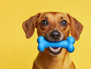 Happy pet dog holding in mouth blue toy bone against solid colour yellow background. isolated on a solid yellow background. Illustrations
