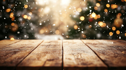 Wall Mural - Snowy Christmas Scene with Wooden Table and Bokeh Christmas Tree in the Background for Product Montage