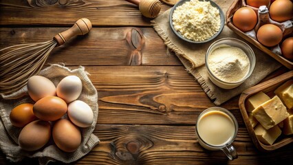 Poster - Ingredients for baking including milk, butter, eggs, and flour arranged in a rustic horizontal pattern with selective focus and copy space
