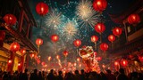 Chinese New Year celebration with dragon and lion dances, red lanterns illuminating the night, fireworks exploding in the sky, and people gathered to celebrate with traditional foods