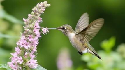 Wall Mural - Hummingbird in flight, feeding from a flower 