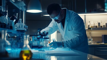 Wall Mural - A scientist conducting experiments in a high-tech lab, with advanced equipment and safety gear