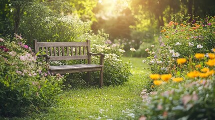 Poster - A serene summer background showcasing a quiet garden with a rustic wooden bench surrounded by blooming flowers and greenery