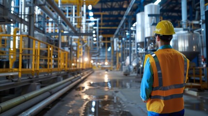 Poster - A man in a yellow vest stands in a large industrial building