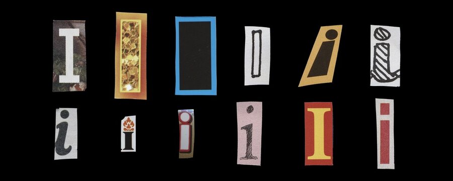 Set of cut-out letter “I” from magazines on a black background, retro y2k style symbols for collage