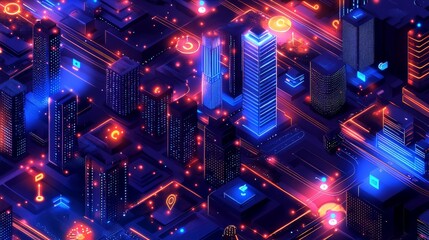 Poster - A smart city with interconnected technology. Sensors embedded throughout the city monitor traffic, manage energy usage,