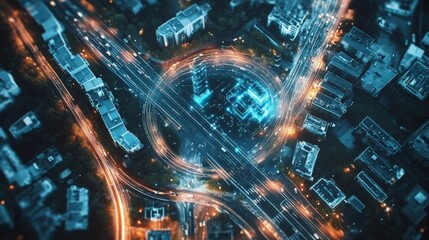 Poster - A smart city with interconnected technology. Sensors embedded throughout the city monitor traffic, manage energy usage,