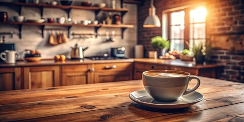 Poster - A cup of coffee sitting on a wooden table in a cozy kitchen at home