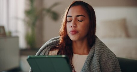 Poster - Woman, home and sleepy on tablet with blanket on couch for browsing social media and internet.Female person, house and exhausted or tired in bedroom on sofa for online communication and networking