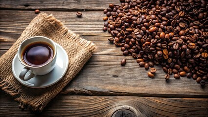 Close-up of coffee beans and americano on a rustic wooden floor with copy space