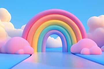 A vibrant rainbow archway with clouds on a blue background. This whimsical scene is perfect for adding a touch of magic to any project.