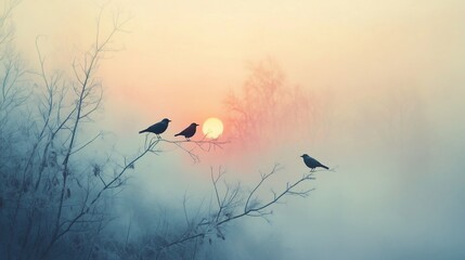 Wall Mural - Three birds perched on branches at sunrise in a misty landscape creating a serene early morning atmosphere