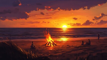 Poster - A vibrant summer scene featuring a beach bonfire with people gathered around.