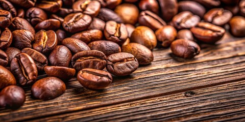 Poster - Close up of roasted coffee beans on a textured wooden surface