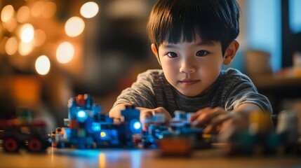 Poster - A young inventor with a set of building blocks, proudly showcasing a homemade robot with moving parts and flashing lights