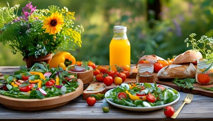 Vibrant summer picnic display of fresh vegetable salads, grilled bread, yellow peppers, cherry tomatoes, and refreshing drinks on a rustic table