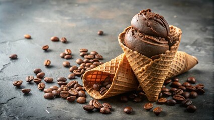 Poster - Chocolate and coffee ice cream in waffle cone with coffee beans on grey stone background, perfect summer treat for a gluten-free and healthy indulgence