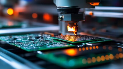 Aufkleber - An electronics manufacturing facility assembles circuit boards using precision machines.