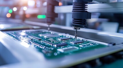 Aufkleber - An electronics manufacturing facility assembles circuit boards using precision machines.