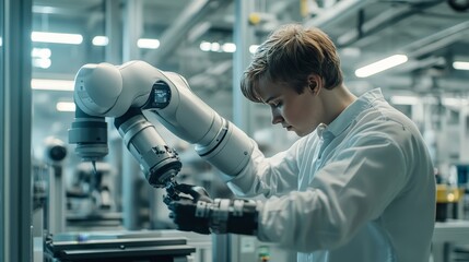 Poster - An engineer programs a robotic arm in a high-tech factory, fine-tuning its movements to optimize production.