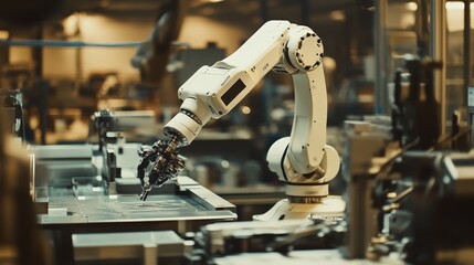 Poster - An engineer programs a robotic arm in a high-tech factory, fine-tuning its movements to optimize production.