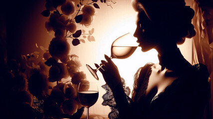 Silhouette of a charming elegant woman drinking wine