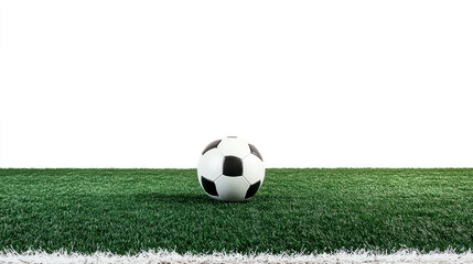 Wall Mural - soccer ball real still life photo, on a green soccer field, closeup shot, cut out, isolated on white, on the bottom part of the frame