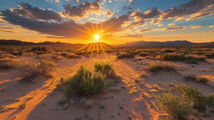 Poster - Capture the beauty of a setting sun in the desert, its warm, orange hues reflecting off the sand and creating a serene, expansive view of the arid landscape