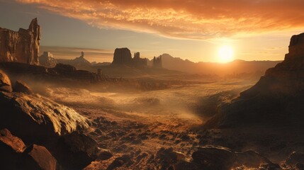 Canvas Print - Capture the dramatic effect of the desert sun as it sets behind rugged rock formations,