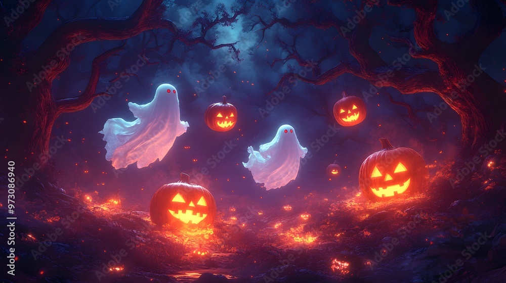 Spooky Halloween scene with floating ghosts and glowing jack o lanterns ...