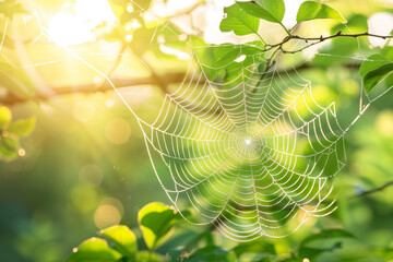 Sticker - A spider web is spread across a leafy tree branch