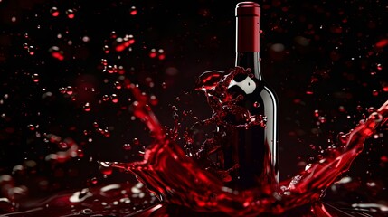 Wine Bottle with Red Wine Splash: A wine bottle with a splash of red wine flowing around it. 
