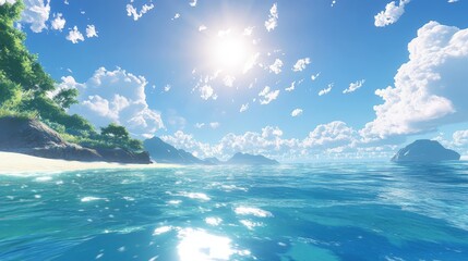 Sticker - Create a scene of a bright, sunny sky over a calm ocean, where the clear blue water reflects the cloudless sky