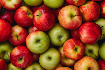 A bunch of apples with one green and one red