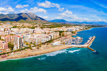 Poster - Marbella city beach and port aerial panoramic view