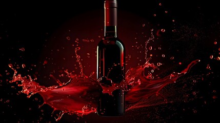 Wine Bottle with Red Wine Splash: A wine bottle with a splash of red wine flowing around it. 
