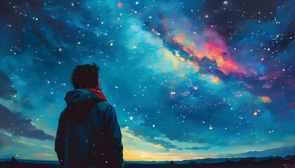 Person silhouetted against a vivid night sky brimming with stars and colorful nebulae, inspiring wonder and deep introspection