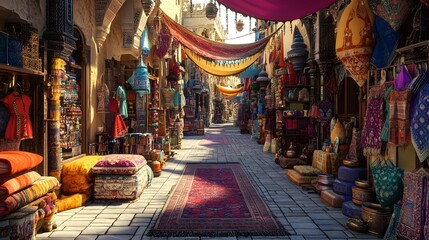 Colorful Souk Alleyway with Vibrant Rugs and Textiles