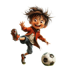 Animated boy playing soccer with enthusiasm, wearing a red jacket and shorts, isolated on white background.