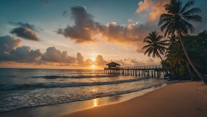 Wall Mural - Tropical beach pier with palm trees and sunset