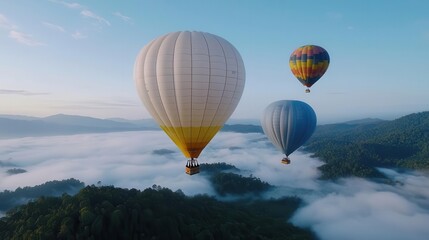 Hot air balloons rising over a misty forest at dawn, the sky clearing to reveal bright blue, Peaceful, ethereal, soft light