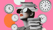 © Wimon - A modern collage of a woman with stacks of paperwork and ticking clocks spiraling around her, evoking feelings of overwhelm and urgency