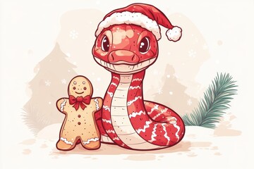 holiday-themed serpent holding a ginger snap, whimsical festive doodle art for christmas celebration concept