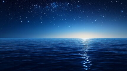 Poster - Design an image of a clear night sky over a calm ocean, with the stars reflecting in the still water and creating a peaceful and serene nighttime seascape