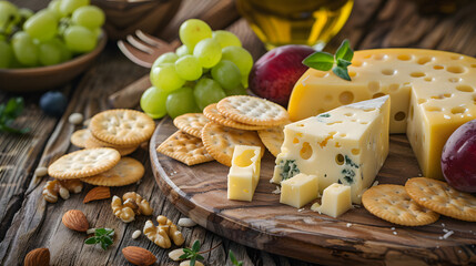 Elegant Swiss cheese platter with crackers, fresh fruit, and nuts served on a rustic wooden board