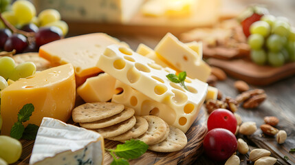 Beautiful platter of Swiss cheese, crackers, fresh fruit, and nuts arranged on a rustic wooden board