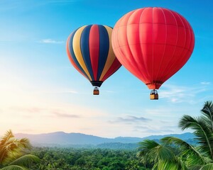 Wall Mural - Hot air balloons soaring over a tropical rainforest, clear sky and lush greenery stretching below, Bright colors, soft light, natural beauty