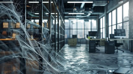 Poster - A spider web is seen in a large office space with a lot of windows