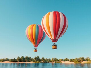 Wall Mural - Hot air balloons rising over a desert oasis, clear blue sky and the shimmer of water below, Warm light, serene landscape, bright colors