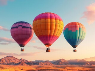 Wall Mural - Colorful hot air balloons drifting over a desert landscape at dawn, the sky transitioning from night to day, Warm tones, soft light, serene